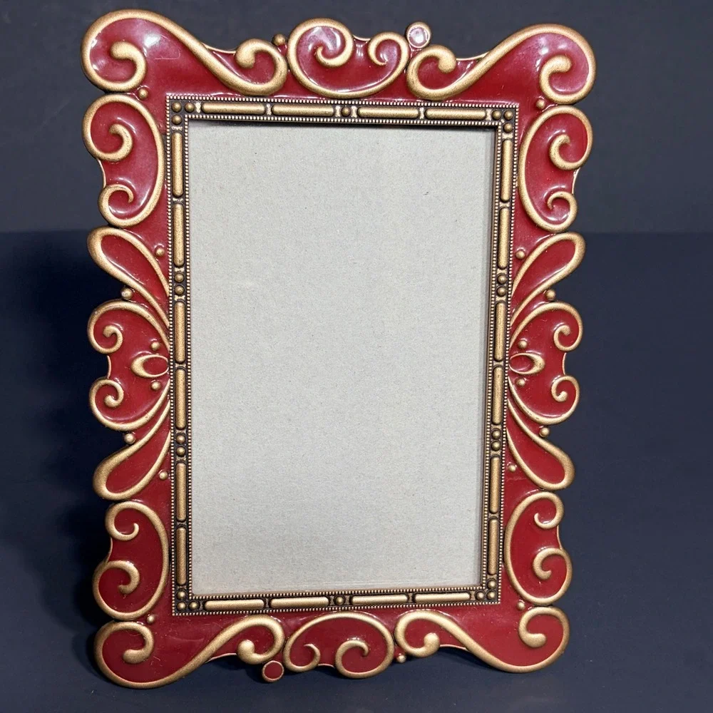 Vtg Style Rose Red/ Gold Enamel Ornate Scroll 4x6 Tabletop Picture Frame Baroque